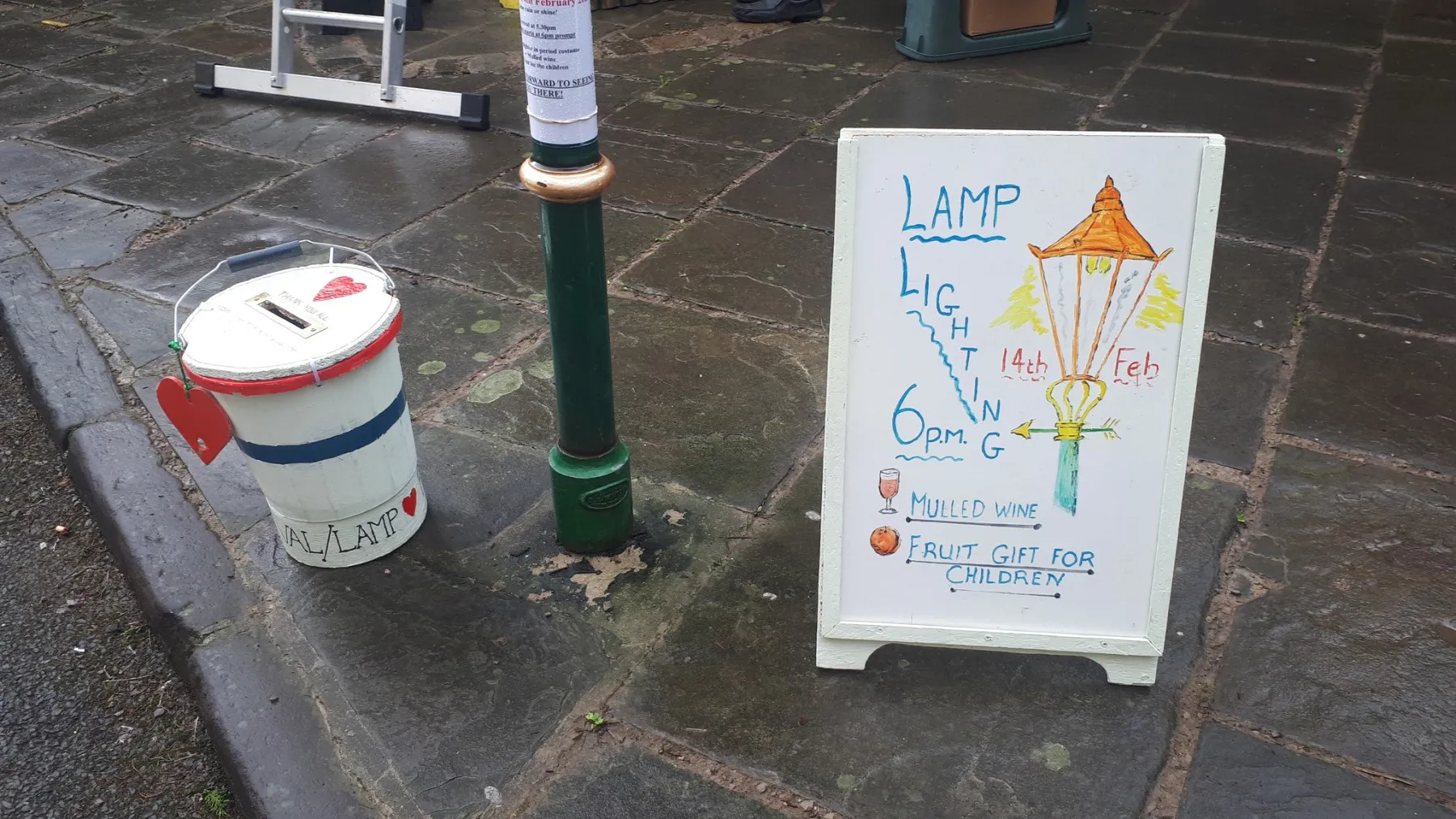 Collection bucket and Ceremony sign, lovingly created by Reg ling